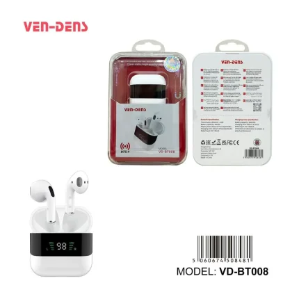 Ven-Dens VD-BT008 Earbuds Bangladesh – Bluetooth 5.4 TWS with LED Display Case